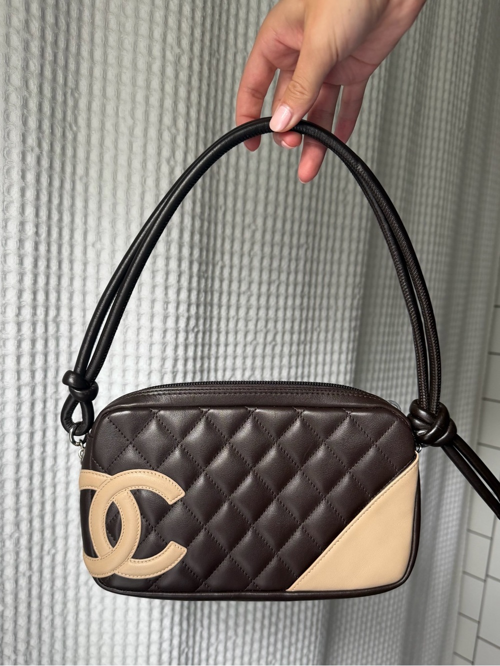 CHANEL Cambon Ligne Pochette Brown Beige Quilted CC Shoulder Bag 2004